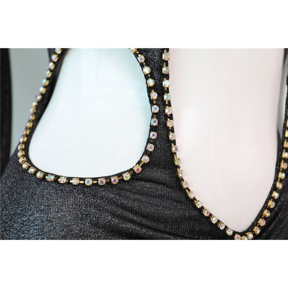 Womens Glitter Shirring Detailed Slit Cutout Maxi Dress Club Party Black Dress - Picture 9 of 11